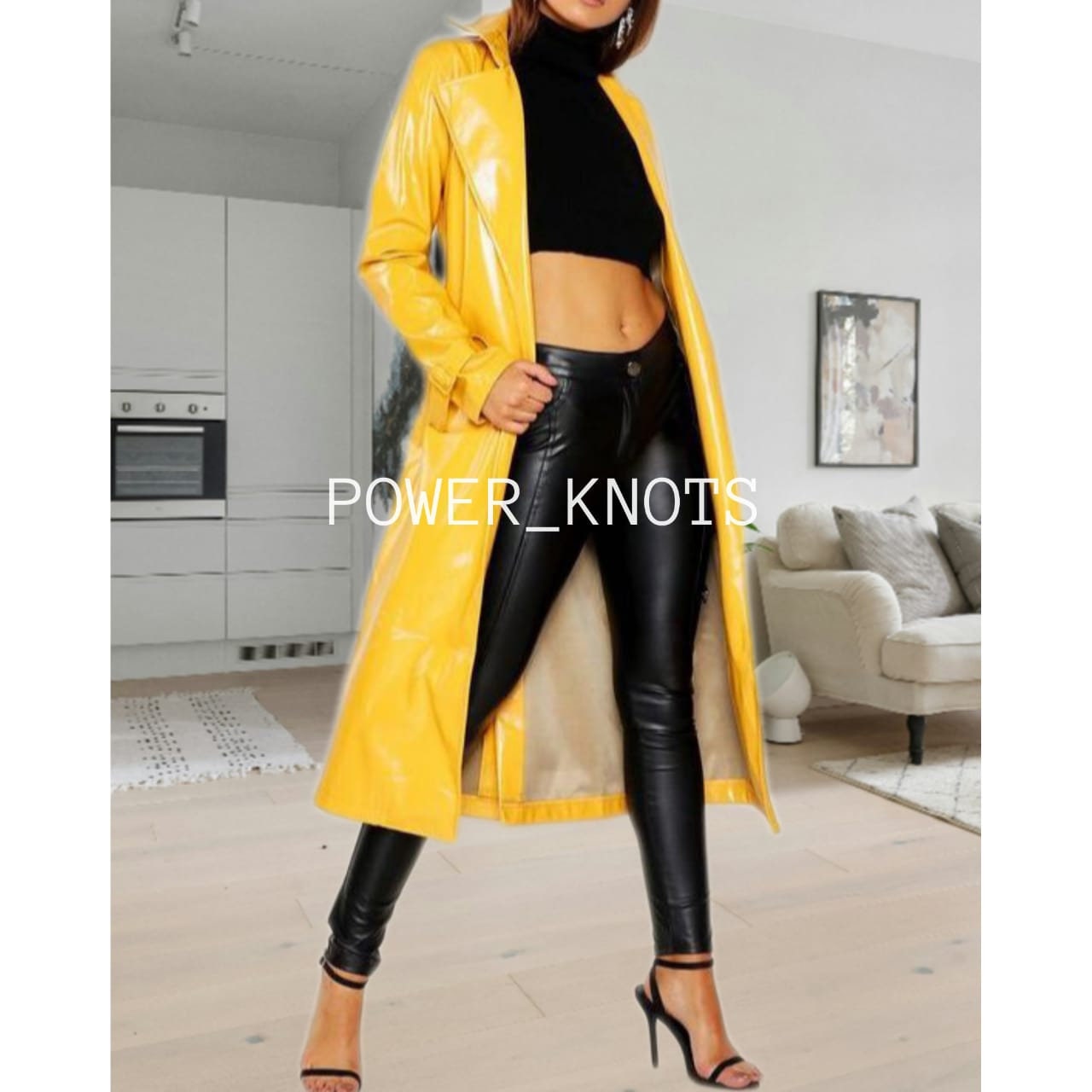 Women's Glossy Yellow Patent Long Leather Trench Coat, Womens
