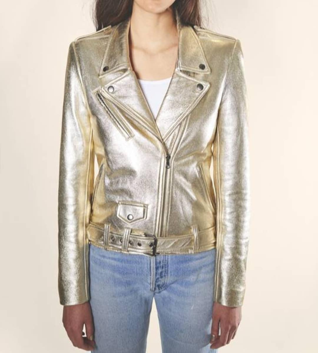Women's Light Gold Metallic Foil Solid Casual Motorcycle Biker Leather