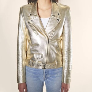 Blouson moto motard décontracté uni en cuir métallisé or clair pour femme, Blouson en cuir feuille doré femme, Blouson en cuir doré femme