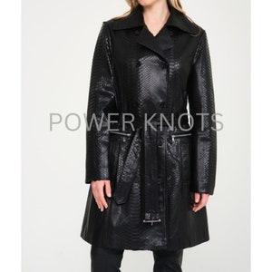 人気ブランドを Trench Coat, Women's Snakeskin Black Leather Long Coat, ジャケット・アウター