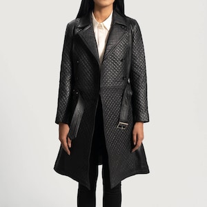 Women&#39;s Black Quilted Double Breasted Leather Long Coat, Women&#39;s Black Quilted Double Breasted Leather Trench Coat, Women Black Leather Coat