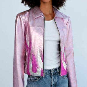Women&#39;s Pink Metallic Foil Effect Fuchsia Silver Two Tone Fire Flame Pattern Genuine Soft Lambskin Leather Jacket, Woman Pink Leather Jacket