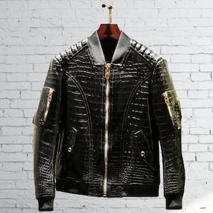 Men&#39;s Shiny Black Patent Croco Effect Slim Fit Genuine Leather Bomber Jacket with Gold Plated Hardware, Men&#39;s Black Patent Bomber Jacket