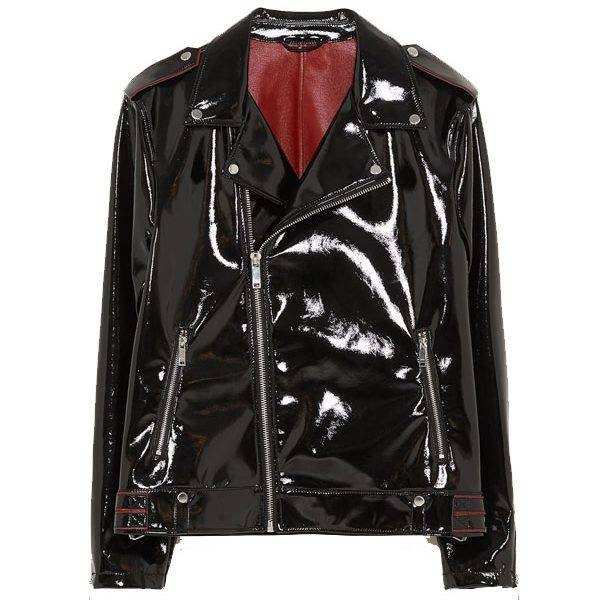 Black patent leather motorcycle jacket top