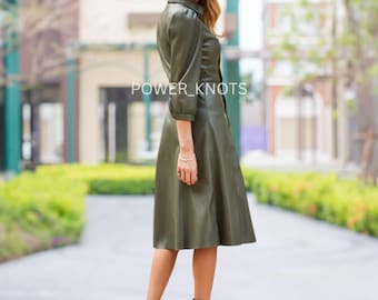 Womens Olive Green Tailored Leather Shirt Dress with Ruche Shoulders, Womens Olive Green Leather Dress, Womens Olive Green Long Leather Coat
