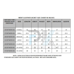 May include: A size chart for a leather jacket in inches. The chart shows the size, length, chest, waist, hips, shoulder, and sleeve measurements for sizes X-Small to 3X-Large.