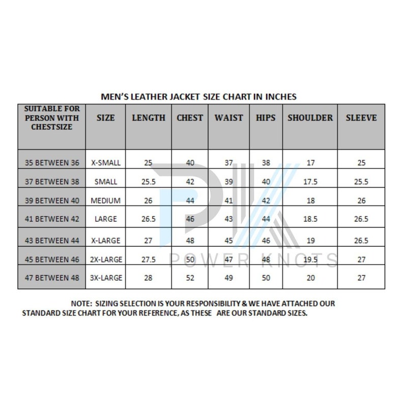 May include: A size chart for a leather jacket in inches. The chart shows the size, length, chest, waist, hips, shoulder, and sleeve measurements for sizes X-Small to 3X-Large.