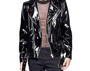 Men&#39;s Black Patent Solid Motorcycle Biker Leather Jacket with Leather Belt, Men&#39;s Black Biker Leather Jacket, Men Black Vinyl Effect Jacket