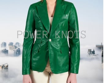 May include: A green leather blazer with a single button closure. The blazer has a notched lapel and two flap pockets.