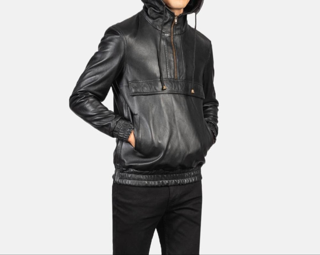 Men's Black Solid Casual Hooded Leather Sweatshirt, Men's Black Leather