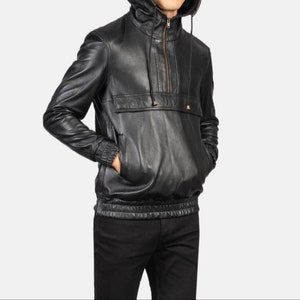 Men&#39;s Black Solid Casual Hooded Leather Sweatshirt, Men&#39;s Black Leather Hoodie, Men&#39;s Black Leather Jacket, Men&#39;s Street Punk Leather Hoodie