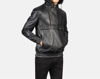 Men&#39;s Black Solid Casual Hooded Leather Sweatshirt, Men&#39;s Black Leather Hoodie, Men&#39;s Black Leather Jacket, Men&#39;s Street Punk Leather Hoodie