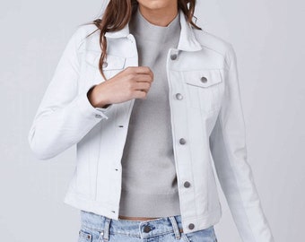 Women's Powder White Solid Casual Tailored Motorcycle Biker Leather Shirt Jacket, Women's White Leather Jacket, Women's White Trucker Jacket
