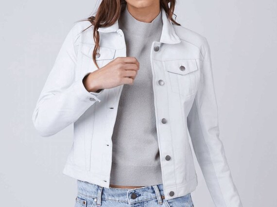Women's Powder White Solid Casual Tailored Motorcycle Biker Leather Shirt Jacket, Women's White Leather Jacket, Women's White Trucker Jacket
