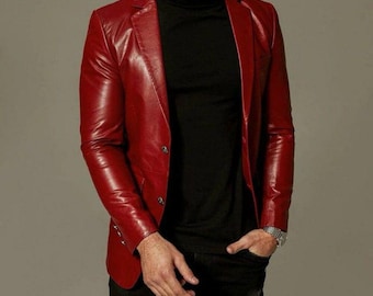 Men&#39;s Blood Red Slim Fit Business Leather Blazer, Men&#39;s Red Leather Coat, Men&#39;s Red Leather Blazer, Red Leather Jacket Men, Red Blazer Coat