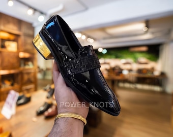 Men's Luxury Handmade Bespoke Italian Black Patent Genuine Leather Tuxedo Moccasins with Gold Metallic Heel & Red Glossy Mirror Finish Sole