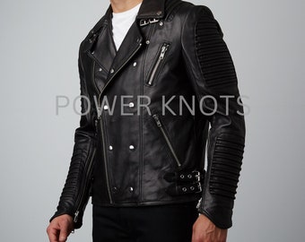 Men's Black Slim Fit Motorcycle Biker Genuine Leather Jacket, Men's Red Biker Jacket, Men's Red Leather Jacket, Men's Black Leather Jacket