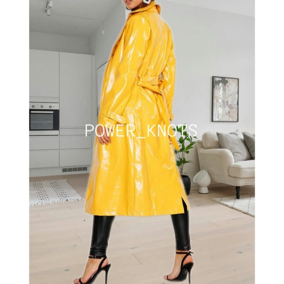 Women's Glossy Yellow Patent Long Leather Trench Coat, Womens