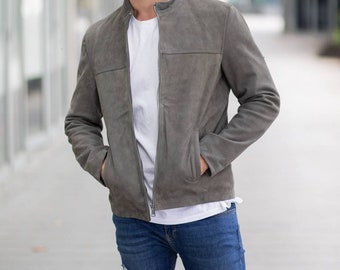Men&#39;s Grey Suede Solid Casual Motorcycle Biker Leather Jacket, Men&#39;s Grey Suede Biker Jacket, Men&#39;s Grey Suede Leather Jacket, Grey Jacket