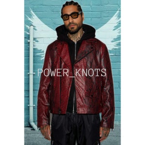 Men&#39;s Dark Red Python Embossed Hooded Motorcycle Biker Leather Jacket,Men&#39;s Red Biker Jacket,Red Python Leather Jacket,Snake Leather Jacket
