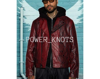 Blouson moto motard en cuir pour homme gaufré à capuche en python rouge foncé, Blouson motard rouge pour hommes, Blouson en cuir python rouge, Blouson en cuir de serpent