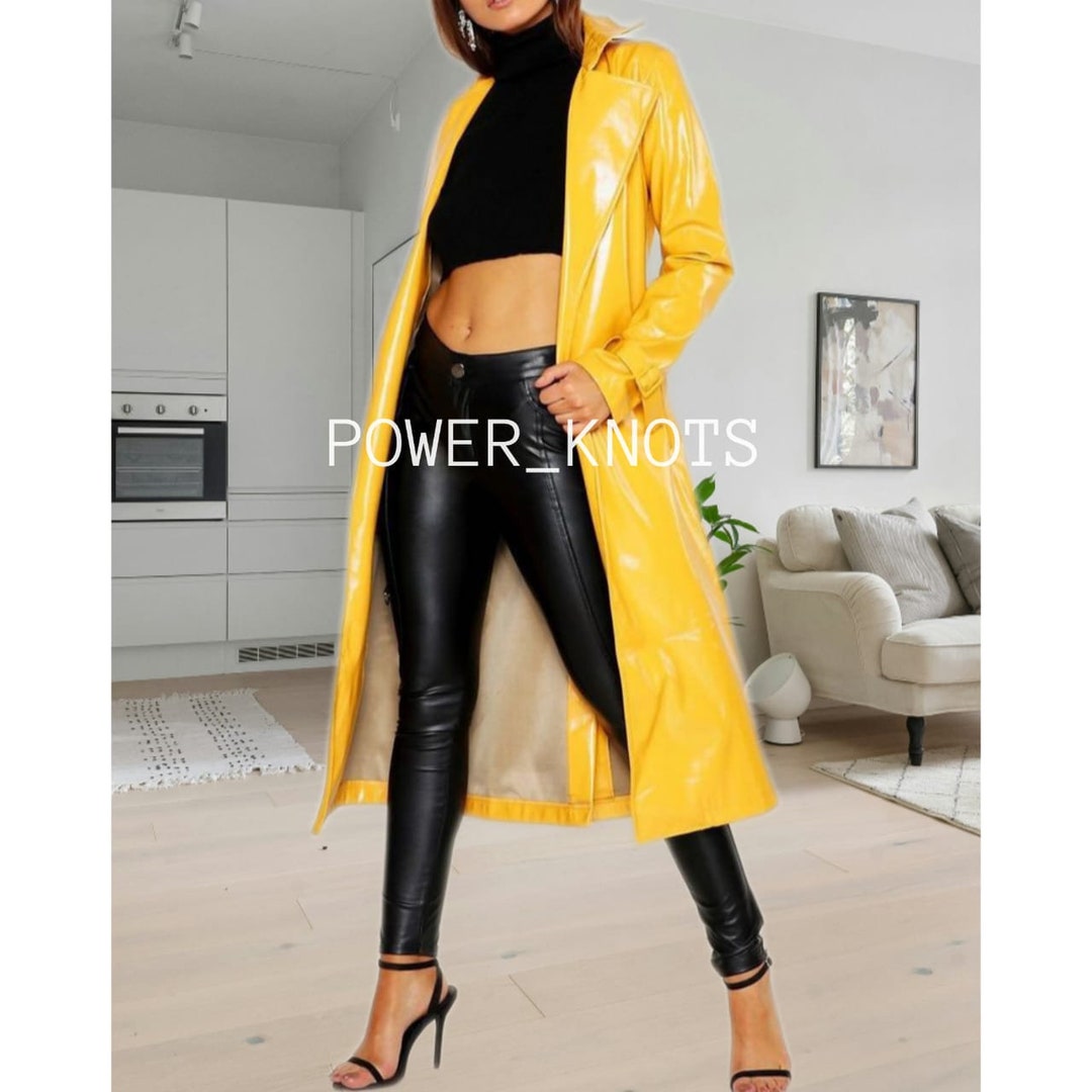 Women's Glossy Yellow Patent Long Leather Trench Coat, Womens