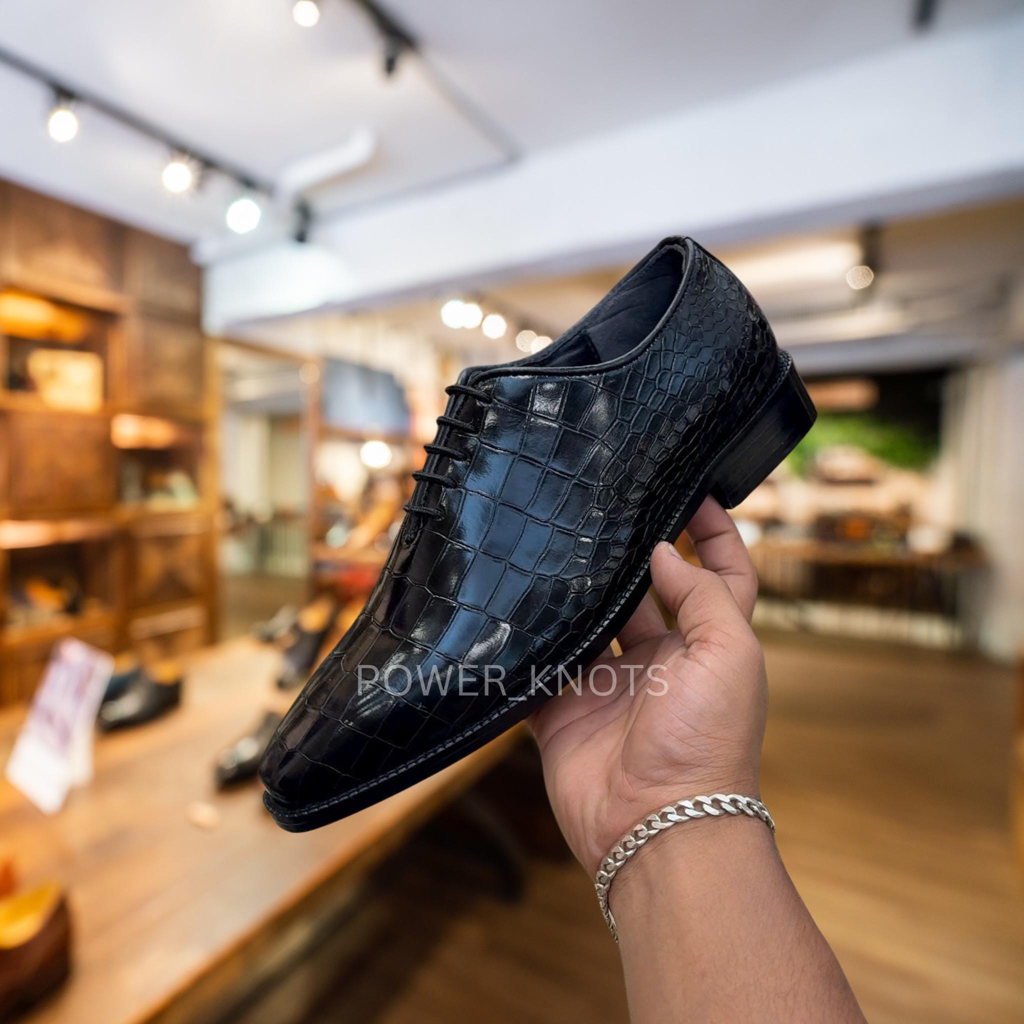 Bespoke Handmade Men's Italian Black Croc Alligator Textured Genuine Leather Wholecut Dress Shoes, Black Croc Formal Business Leather Shoes