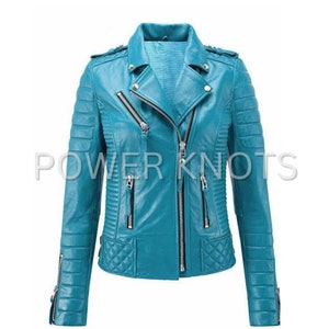 Women's Turquoise Blue Solid Casual Tailored Motorcycle Biker Leather Jacket, Women's Blue Biker Jacket, Women's Turquoise Leather Jacket