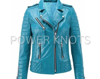 Women&#39;s Turquoise Blue Solid Casual Tailored Motorcycle Biker Leather Jacket, Women&#39;s Blue Biker Jacket, Women&#39;s Turquoise Leather Jacket