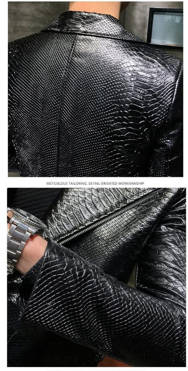 Men's Python Leather Jacket, Men's Black Python Embossed
