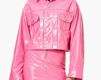 Women's Pink Patent Solid Casual Crop Denim Style Motorcycle Biker Leather Jacket, Women's Pink Biker Jacket, Pink PVC Vinyl Effect Jacket