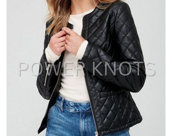 Damen schwarze, voll gesteppte, solide, lässige Motorrad-Biker-Lederjacke mit Rundhalsausschnitt, schwarze Damen-Bikerjacke, schwarze Damenjacke