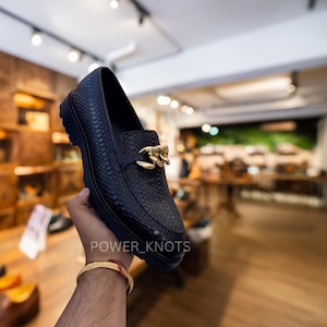 Men&#39;s Luxury Handmade Bespoke Italian Black Python Cobra Textured Genuine Leather Chunky Sole Shoes, Black Python Gold Buckle Leather Shoes