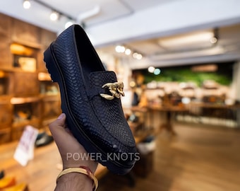 Men's Luxury Handmade Bespoke Italian Black Python Cobra Textured Genuine Leather Chunky Sole Shoes, Black Python Gold Buckle Leather Shoes