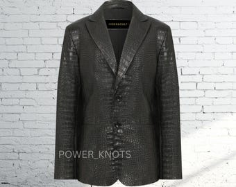 Men&#39;s Black Croc Embossed Effect Slim Fit Business Genuine Leather Blazer Coat, Men&#39;s Black Croc Leather Coat, Men Black Croc Leather Blazer