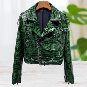 Men&#39;s Cactus Green Croc Embossed Effect Black Tipped Tailored Motorcycle Biker Genuine Leather Jacket, Men&#39;s Green Croc Biker Leather Jacket