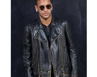 Neymar Python Leathet Jacket, Men&#39;s Black Python Embossed Motorcycle Biker Leather Jacket, Python Leather Jacket, Neymar Leather Jacket