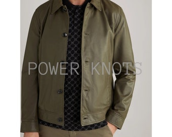 Camisa de couro sob medida verde oliva masculina, jaqueta de caminhoneiro verde masculina, camisa de couro verde oliva masculina, jaqueta de couro verde