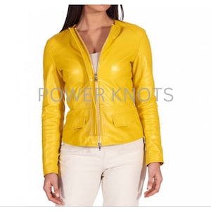 Women&#39;s Yellow Solid Casual Tailored Motorcycle Biker Round Neck Leather Jacket, Women&#39;s Yellow Biker Jacket, Women&#39;s Yellow Leather Jacket