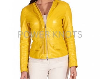 Women&#39;s Yellow Solid Casual Tailored Motorcycle Biker Round Neck Leather Jacket, Women&#39;s Yellow Biker Jacket, Women&#39;s Yellow Leather Jacket