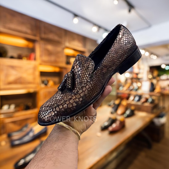 Geniunine leather and snake tassel loafer Mens Genuine Snake Skin Black Slip-On Tassel Loafer Dress  main image 4