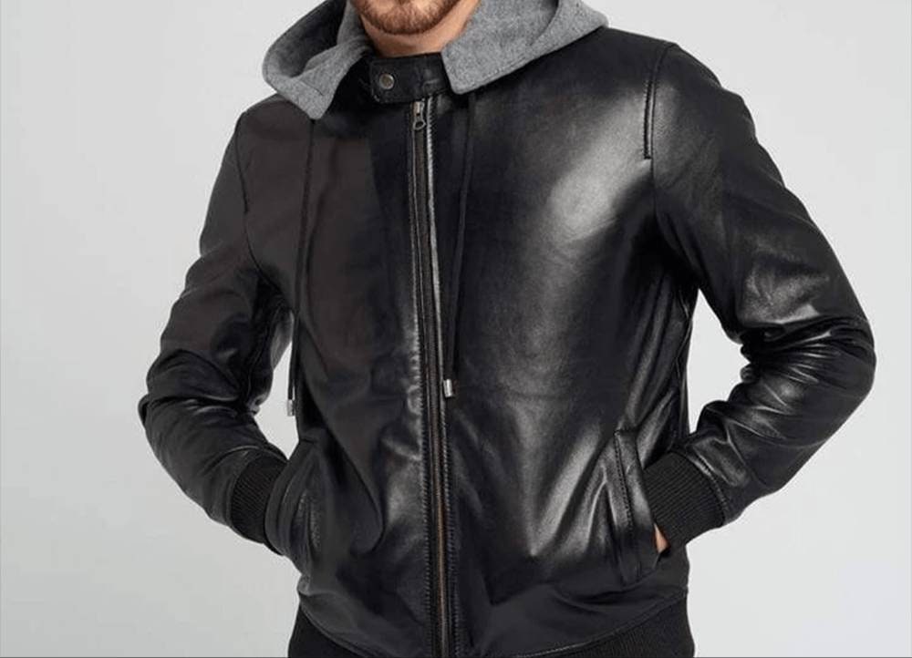 Men s Black Solid Casual Motorcycle Biker Bomber Leather Jacket With Grey Fleece Hood Men s Black Biker Hooded Bomber Leather Jacket Etsy Canada