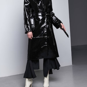 Women&#39;s Glossy Black Patent Double Breasted Leather Trench Coat / Long Coat, Women&#39;s PVC Vinyl Effect Black Long Coat, Black Leather Coat