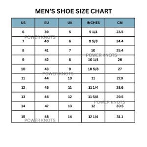 May include: A shoe size chart titled "MEN'S SHOE SIZE CHART" showing US, EU, UK, Inches, and CM measurements. Sizes range from US 6 (9 1/4 inches, 23.5 cm) to US 15 (12 1/4 inches, 31.1 cm).