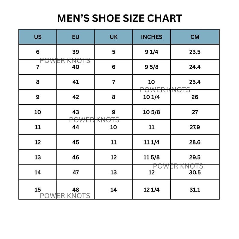May include: A shoe size chart titled "MEN'S SHOE SIZE CHART" showing US, EU, UK, Inches, and CM measurements. Sizes range from US 6 (9 1/4 inches, 23.5 cm) to US 15 (12 1/4 inches, 31.1 cm).