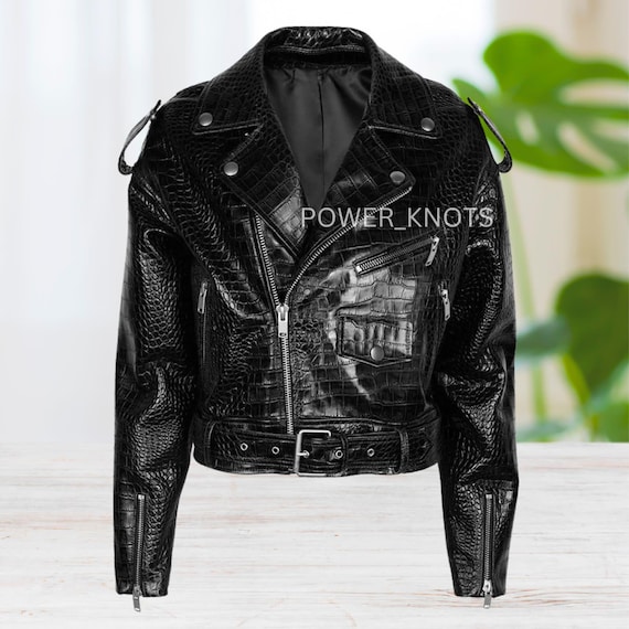 Herren Black Croc Embossed Effect Tailored Motorrad Biker Echte