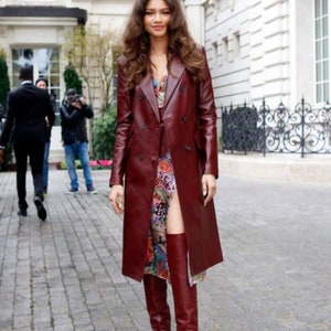 Women&#39;s Burgundy Double Breasted Leather Long Coat, Zendaya Burgundy Double Breasted Leather Trench Coat, Women&#39;s Burgundy Leather Jacket