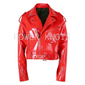 Women&#39;s Red Patent Motorcycle Biker Leather Jacket, Women&#39;s Pink Biker Leather Jacket, Women&#39;s Black PVC Vinyl Effect Real Leather Jacket