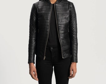 Women&#39;s Black Solid Casual Motorcycle Biker Quilted Padded Leather Jacket, Women&#39;s Black Biker Leather Jacket, Women&#39;s Black Quilted Jacket