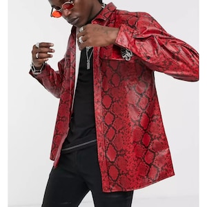 Men&#39;s Red Snake Print Leather Shirt, Men&#39;s Red Snake Leather Jacket, Men&#39;s Red Leather Shirt, Men&#39;s Black Leather Shirt, Snake Leather Shirt